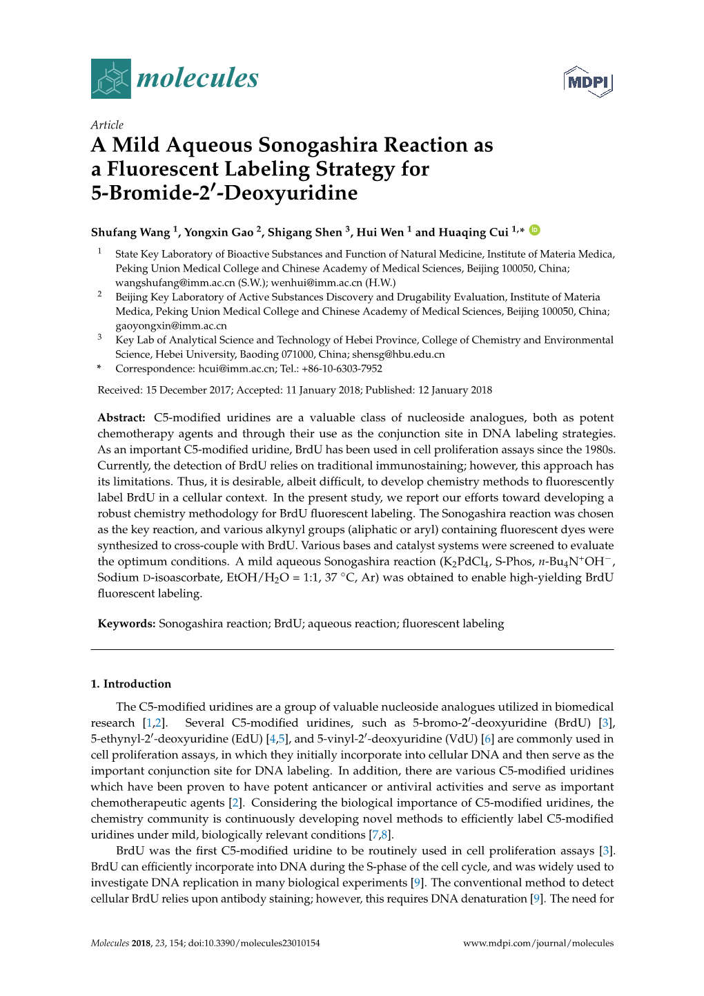 A Mild Aqueous Sonogashira Reaction As a Fluorescent Labeling Strategy for 5-Bromide-20-Deoxyuridine