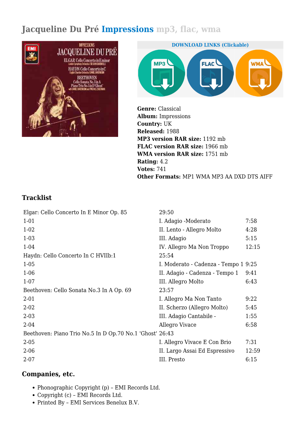 Jacqueline Du Pré Impressions Mp3, Flac, Wma