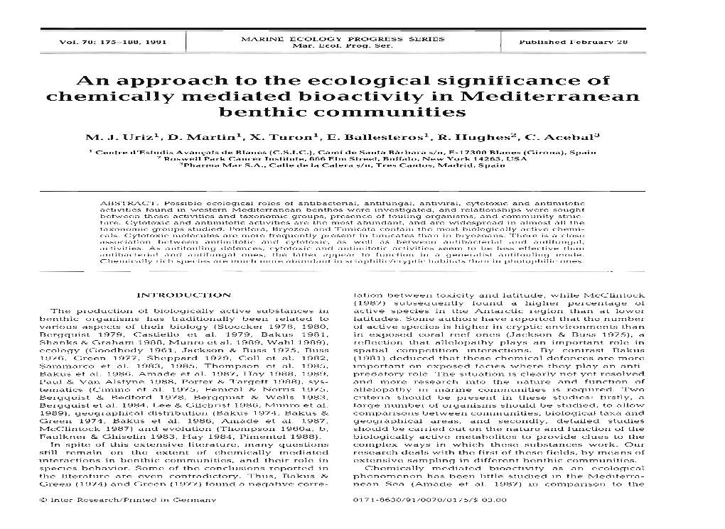 An Approach to the Ecological Significance of Chemically Mediated Bioactivity in Mediterranean Benthic Communities