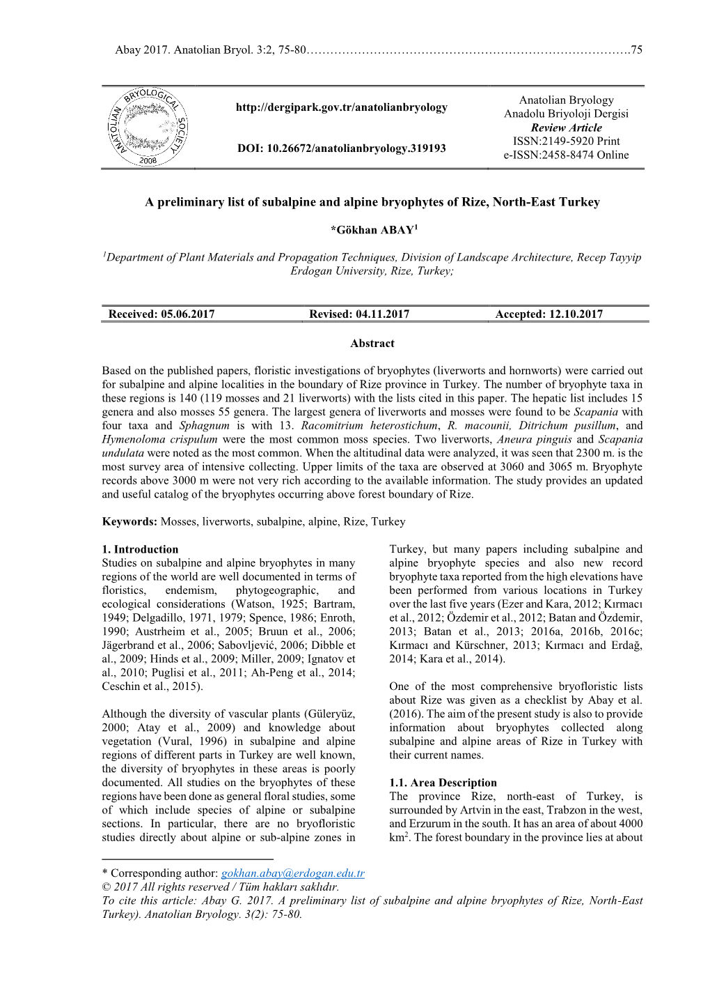 A Preliminary List of Subalpine and Alpine Bryophytes of Rize, North-East Turkey