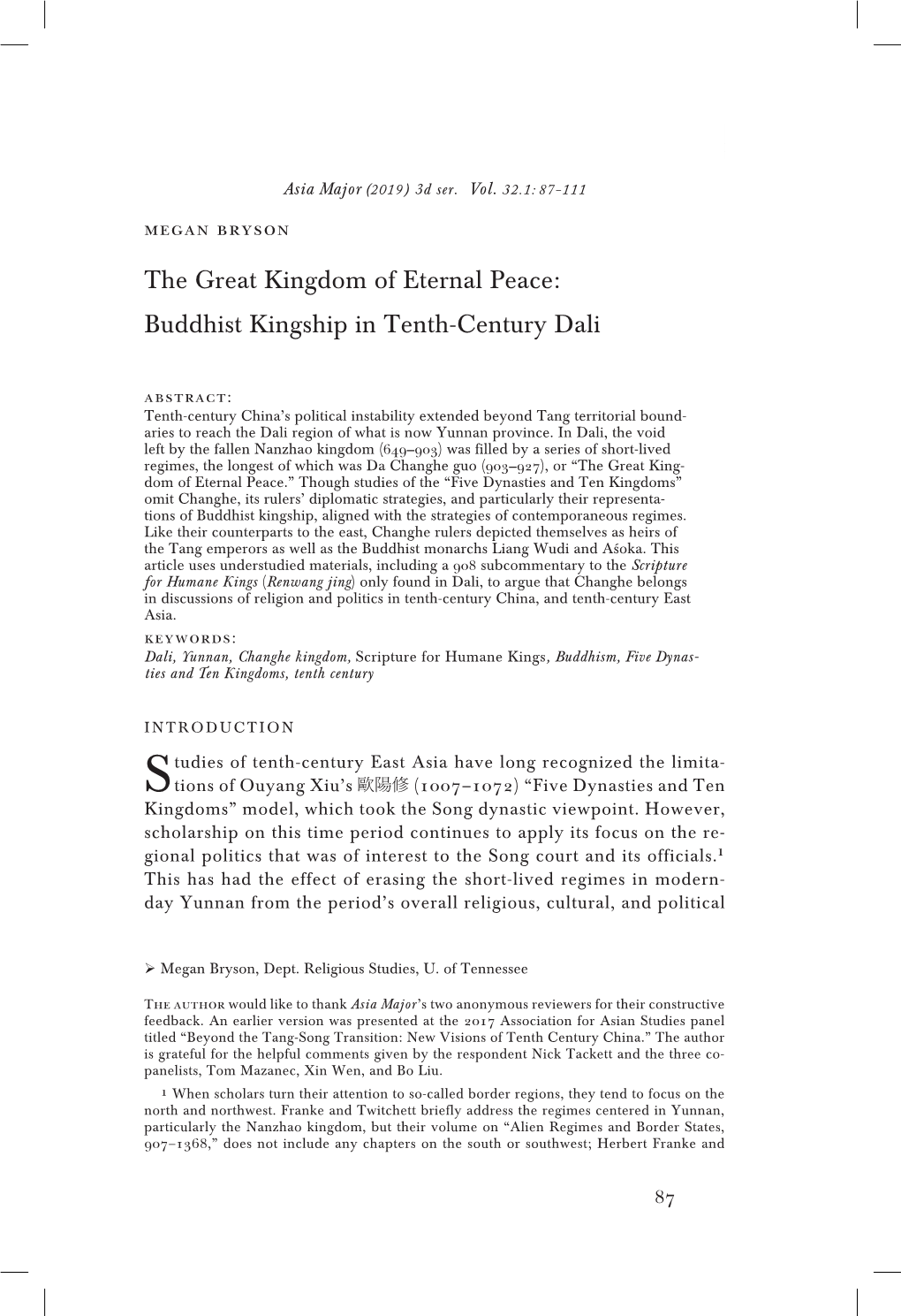 The Great Kingdom of Eternal Peace: Buddhist Kingship in Tenth-Century Dali