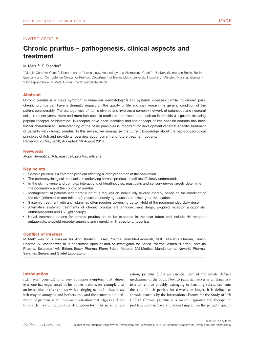 Chronic Pruritus – Pathogenesis, Clinical Aspects and Treatment