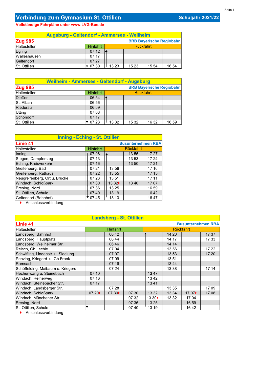 Verbindung Zum Gymnasium St. Ottilien Schuljahr 2021/22 Vollständige Fahrpläne Unter