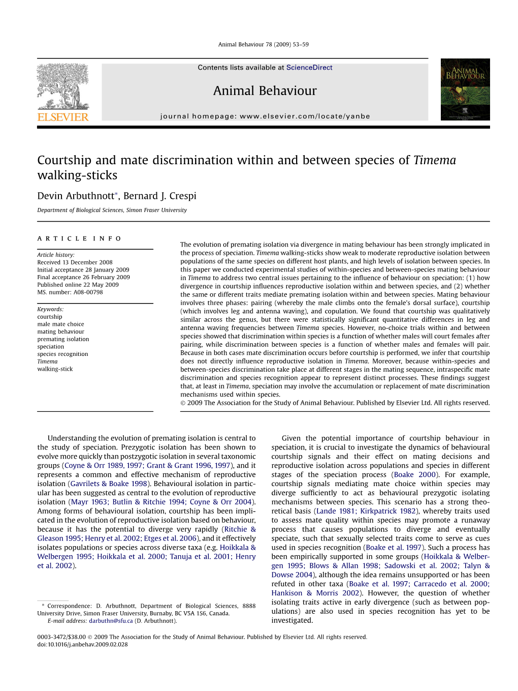 Courtship and Mate Discrimination Within and Between Species of Timema Walking-Sticks