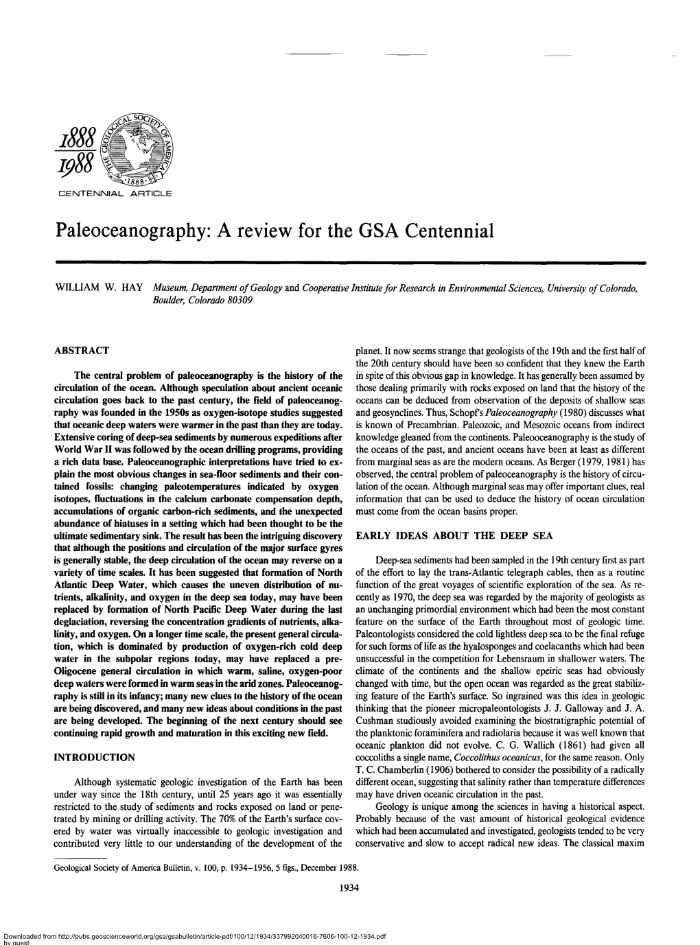 Paleoceanography: a Review for the GSA Centennial