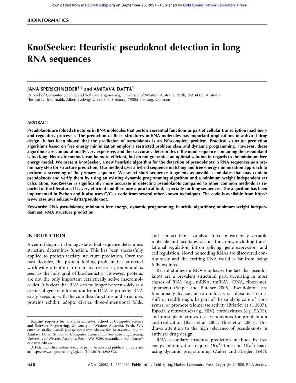 Knotseeker: Heuristic Pseudoknot Detection in Long RNA Sequences