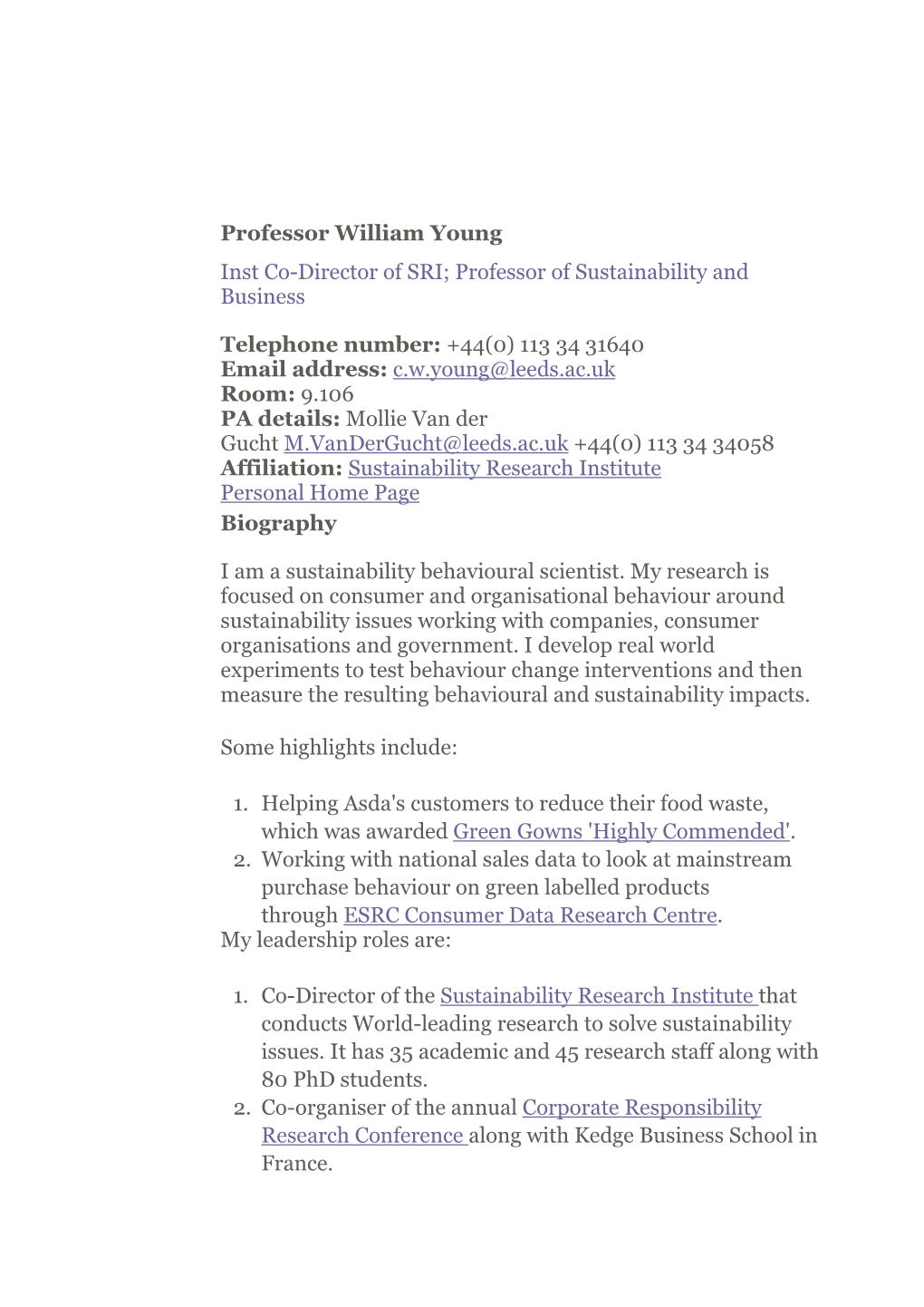 Professor William Young Inst Co-Director of SRI; Professor of Sustainability and Business