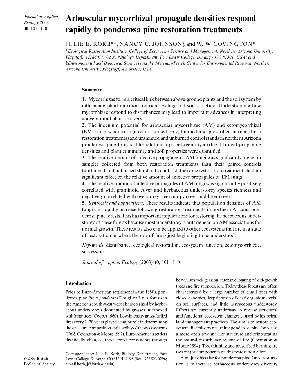 Arbuscular Mycorrhizal Propagule Densities Respond Rapidly to Ponderosa Pine Restoration Treatments