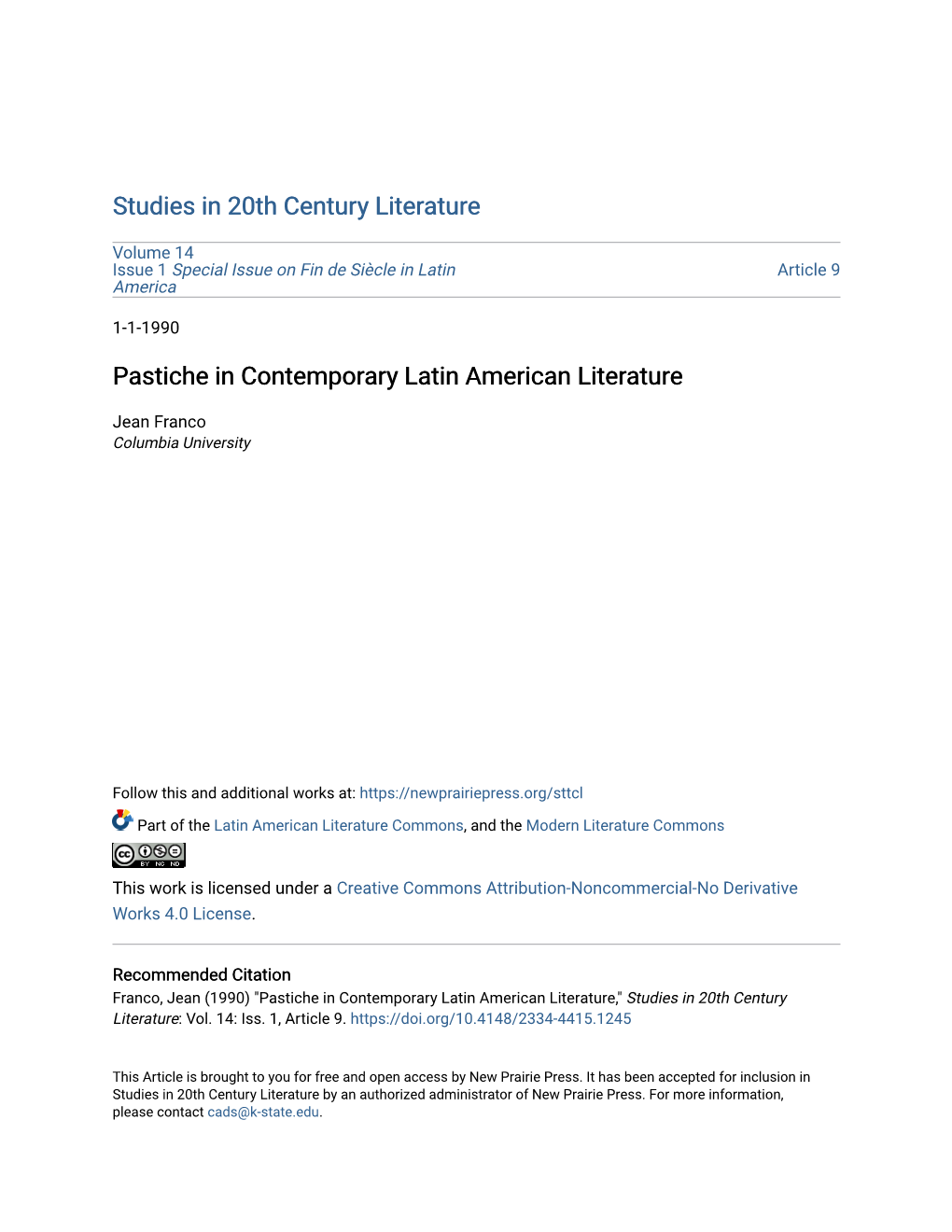 Pastiche in Contemporary Latin American Literature