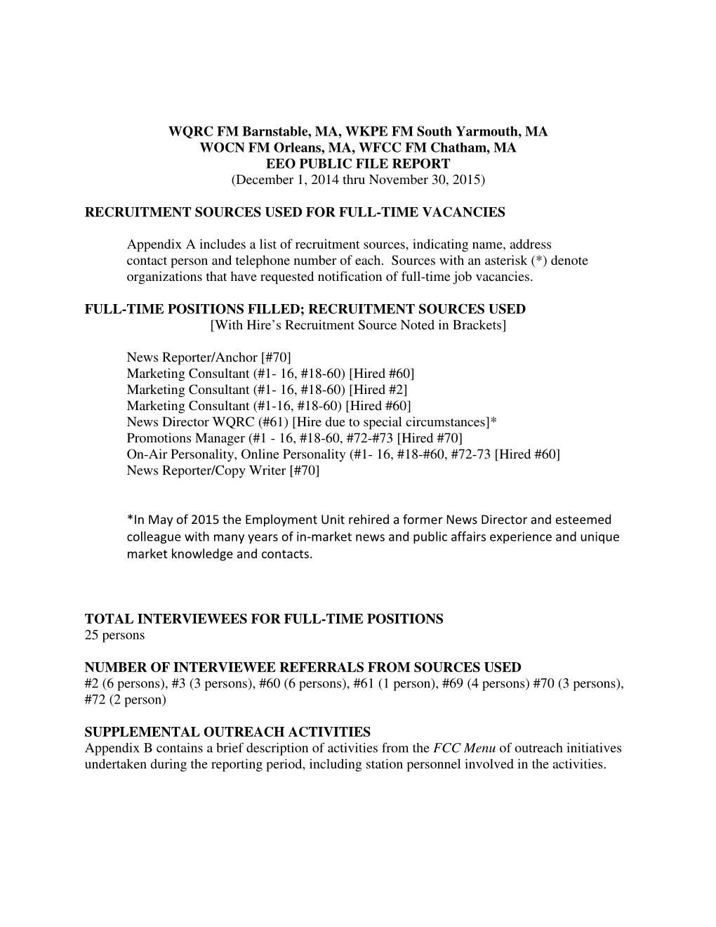 WQRC FM Barnstable, MA, WKPE FM South Yarmouth, MA WOCN FM Orleans, MA, WFCC FM Chatham, MA EEO PUBLIC FILE REPORT (December 1, 2014 Thru November 30, 2015)