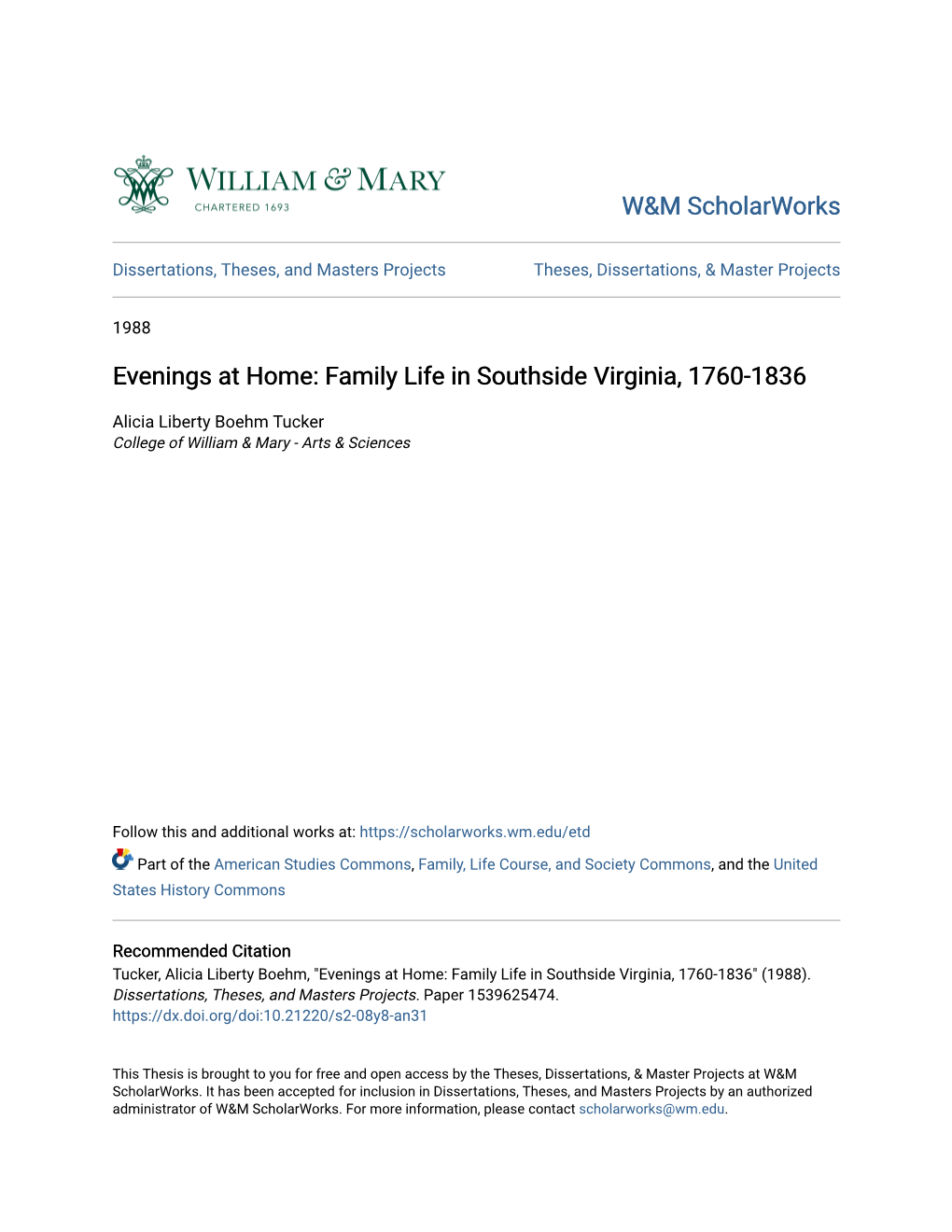 Evenings at Home: Family Life in Southside Virginia, 1760-1836