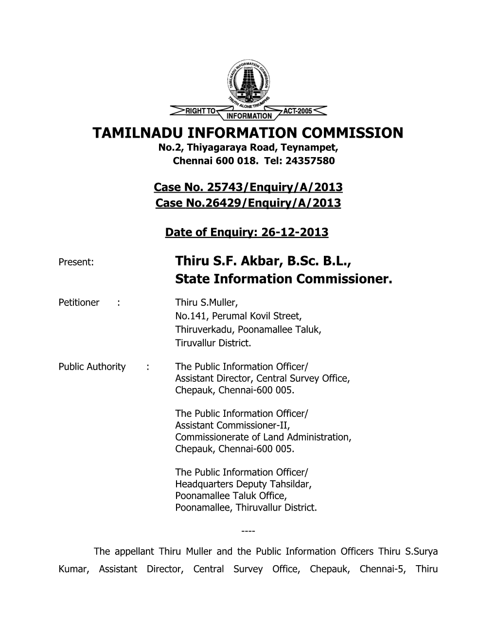 Tamilnadu Informat Milnadu Information Commission