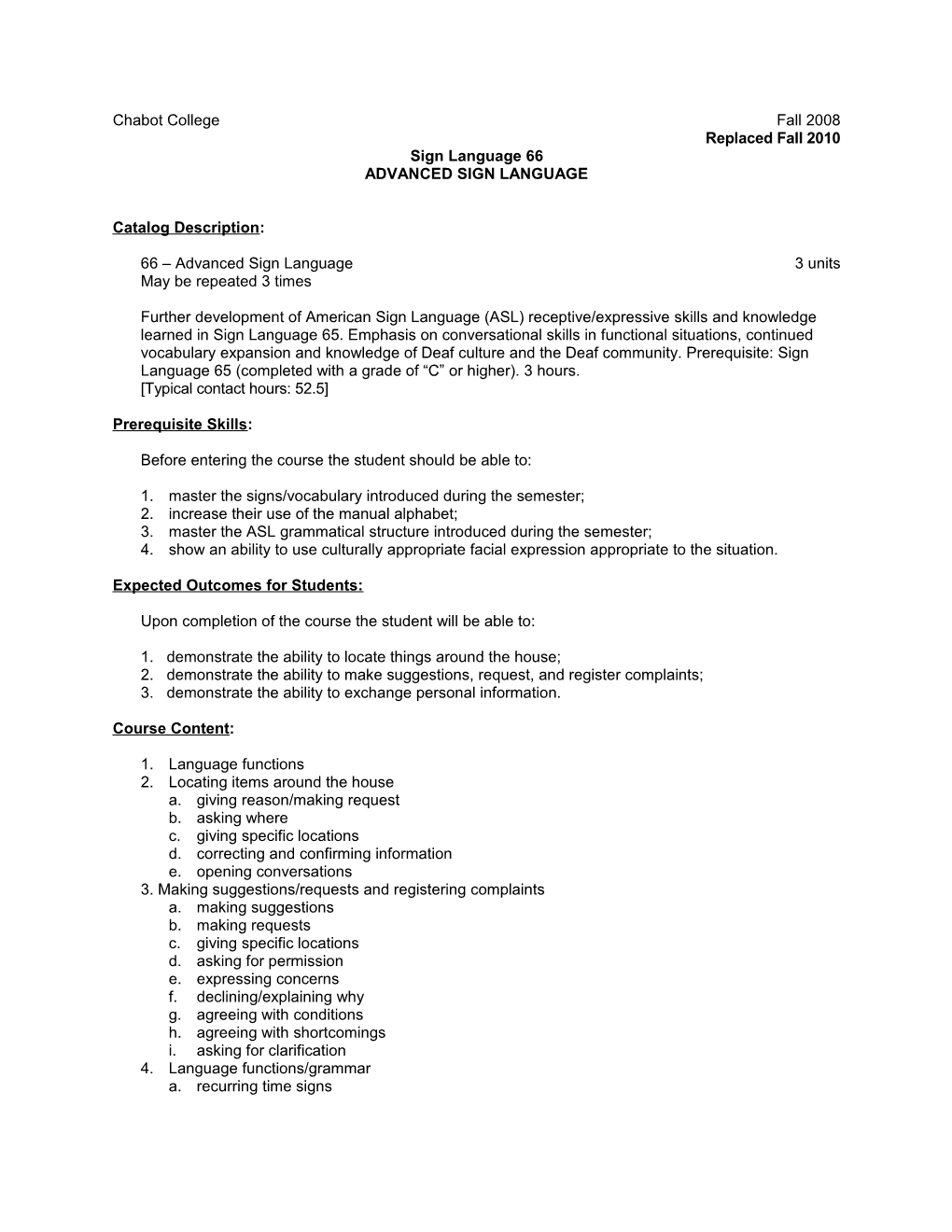 Course Outline for Sign Language 66, Page 2