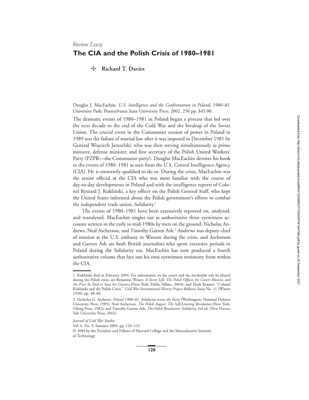 The CIA and the Polish Crisis of 1980–1981