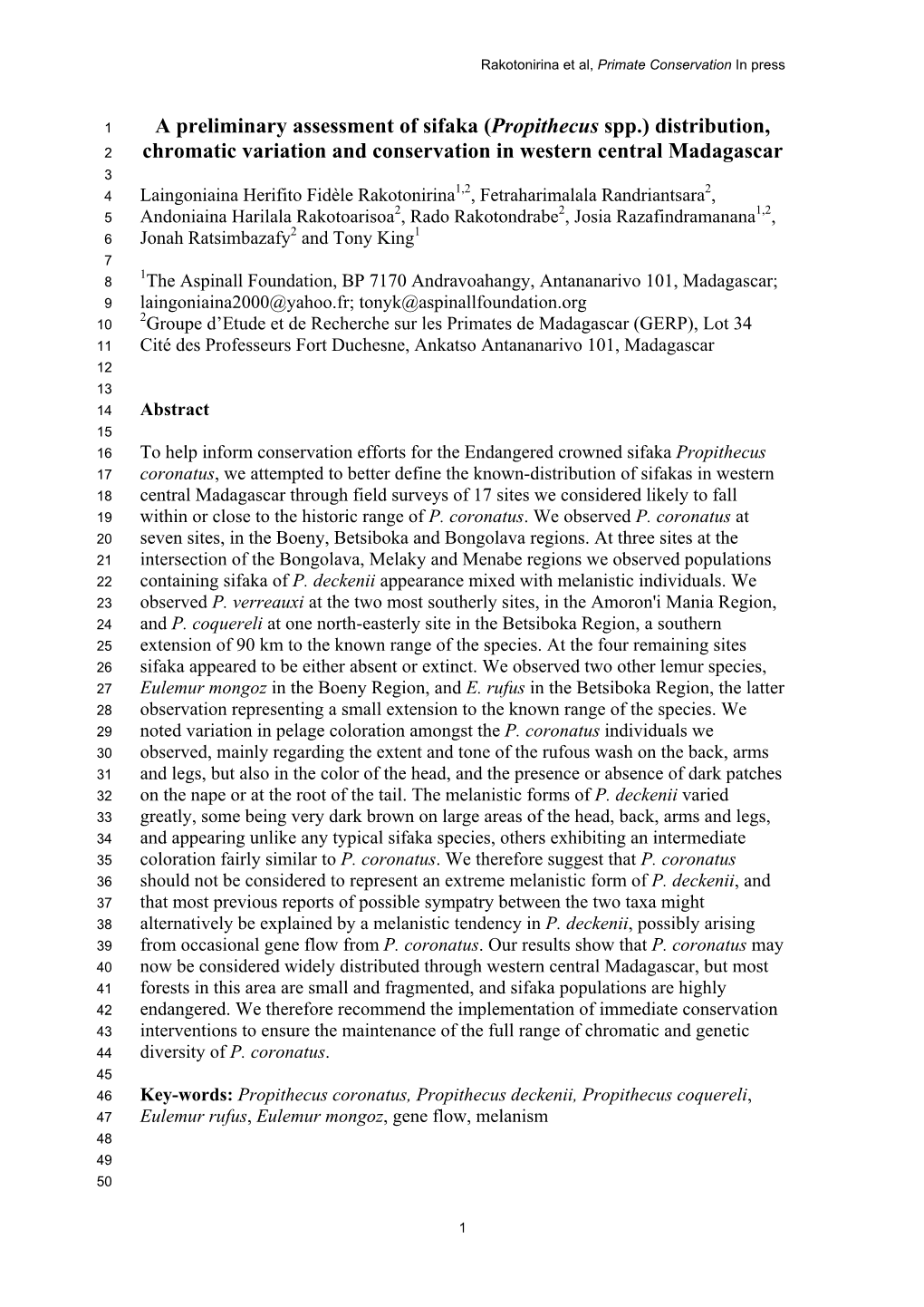 A Preliminary Assessment of Sifaka (Propithecus Spp.)