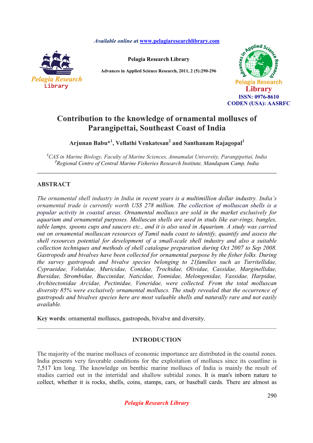 Contribution to the Knowledge of Ornamental Molluscs of Parangipettai, Southeast Coast of India