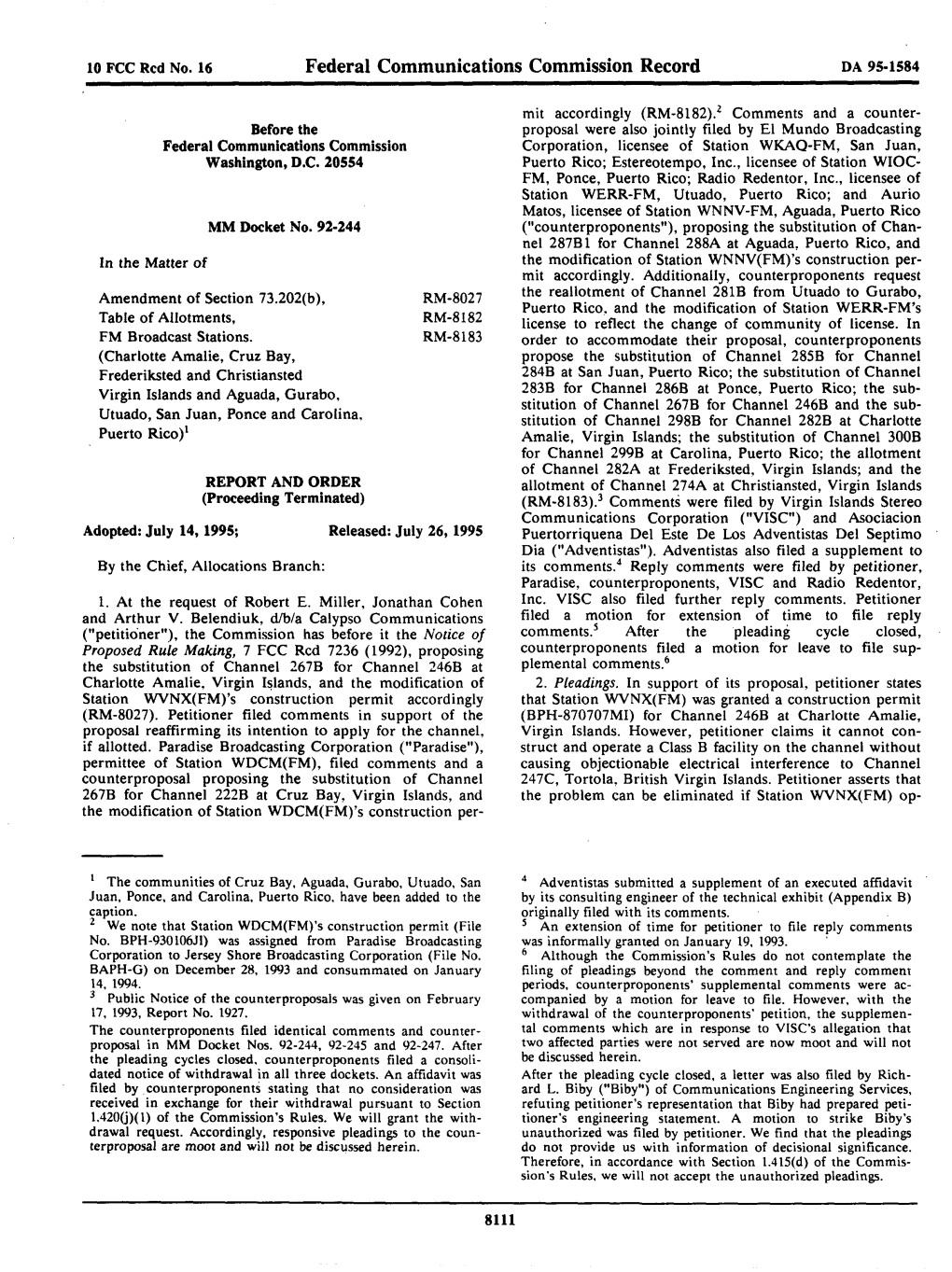 Federal Communications Commission Record DA 95-1584