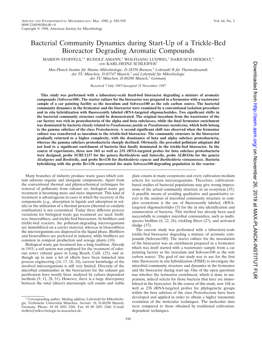 Bacterial Community Dynamics During Start-Up of a Trickle-Bed Bioreactor Degrading Aromatic Compounds