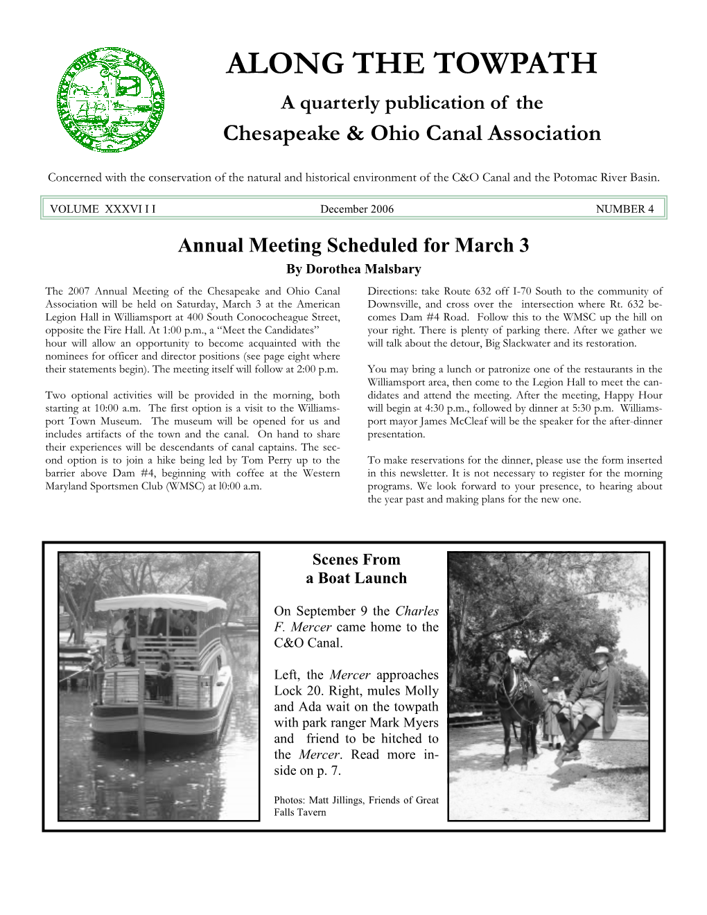 ALONG the TOWPATH a Quarterly Publication of the Chesapeake & Ohio Canal Association