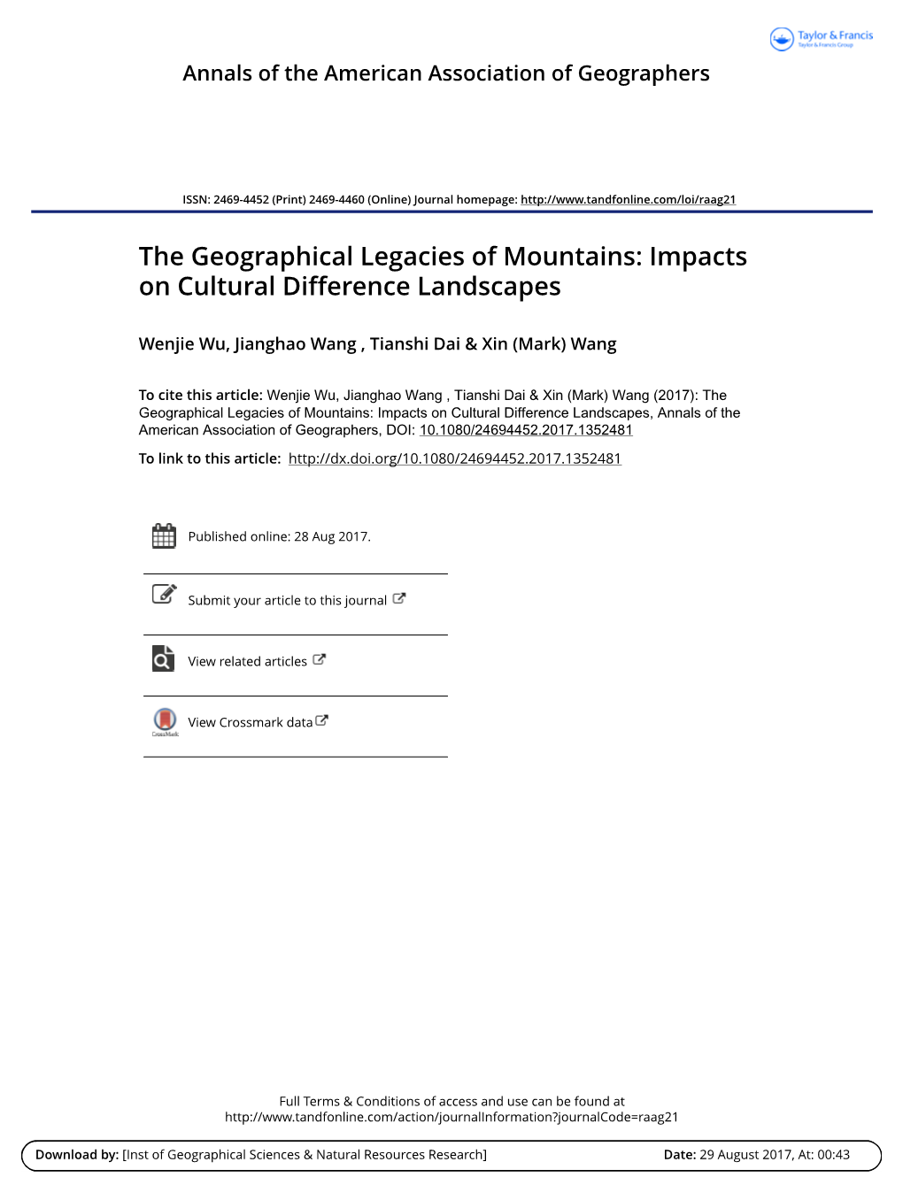The Geographical Legacies of Mountains: Impacts on Cultural Difference Landscapes
