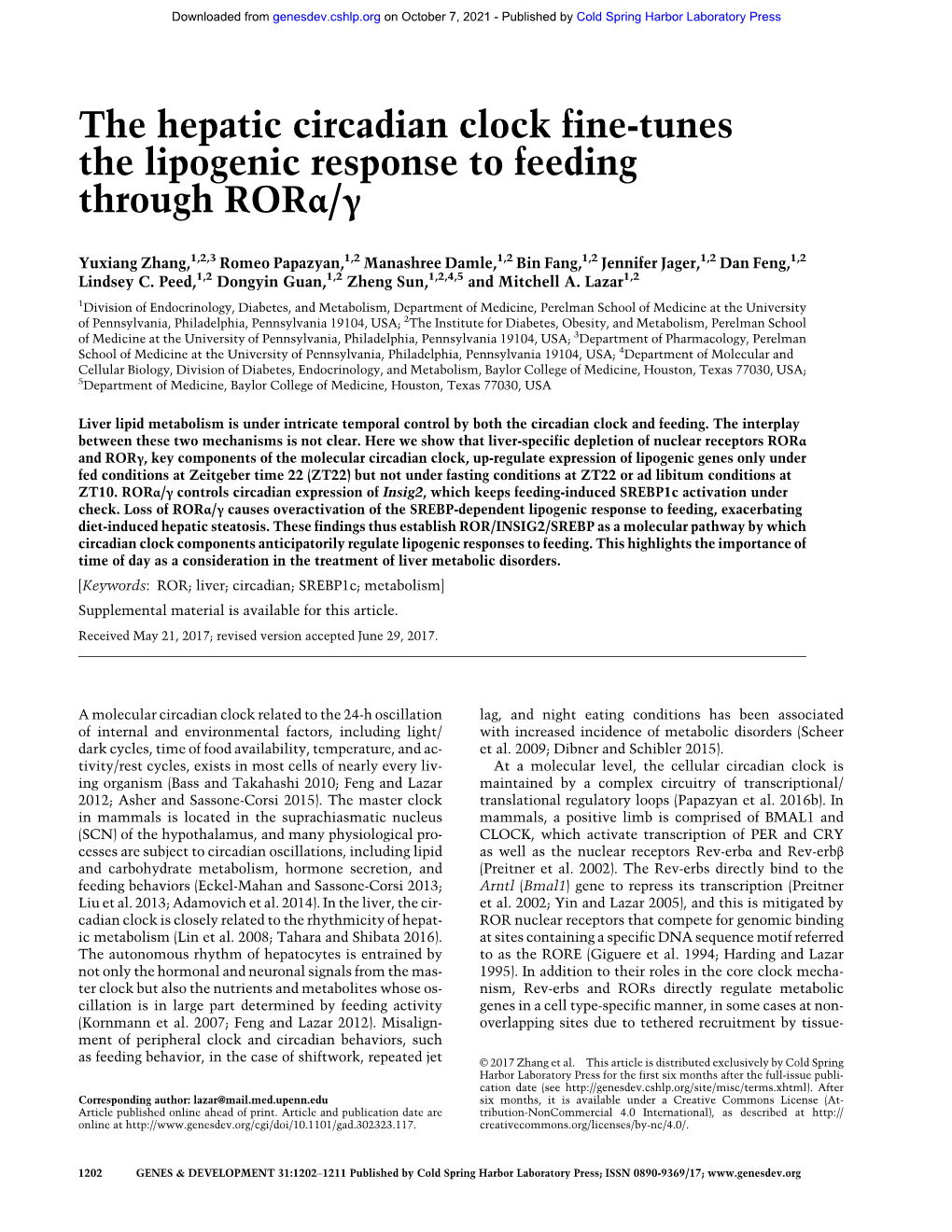 The Hepatic Circadian Clock Fine-Tunes the Lipogenic Response to Feeding Through Rorα/Γ