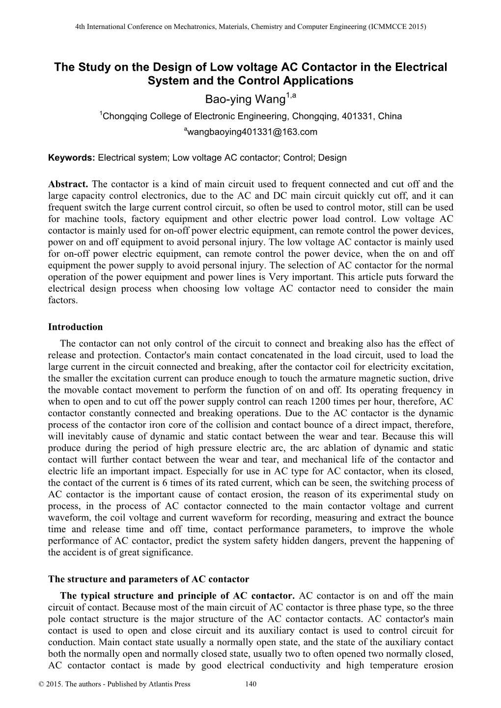 The Study on the Design of Low Voltage AC Contactor in the Electrical System and the Control Applications