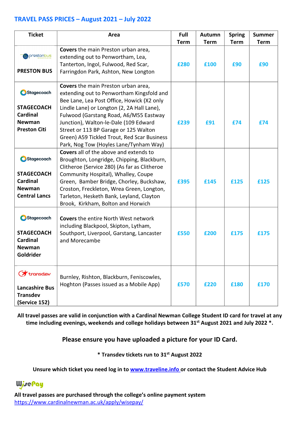 TRAVEL PASS PRICES – August 2021 – July 2022