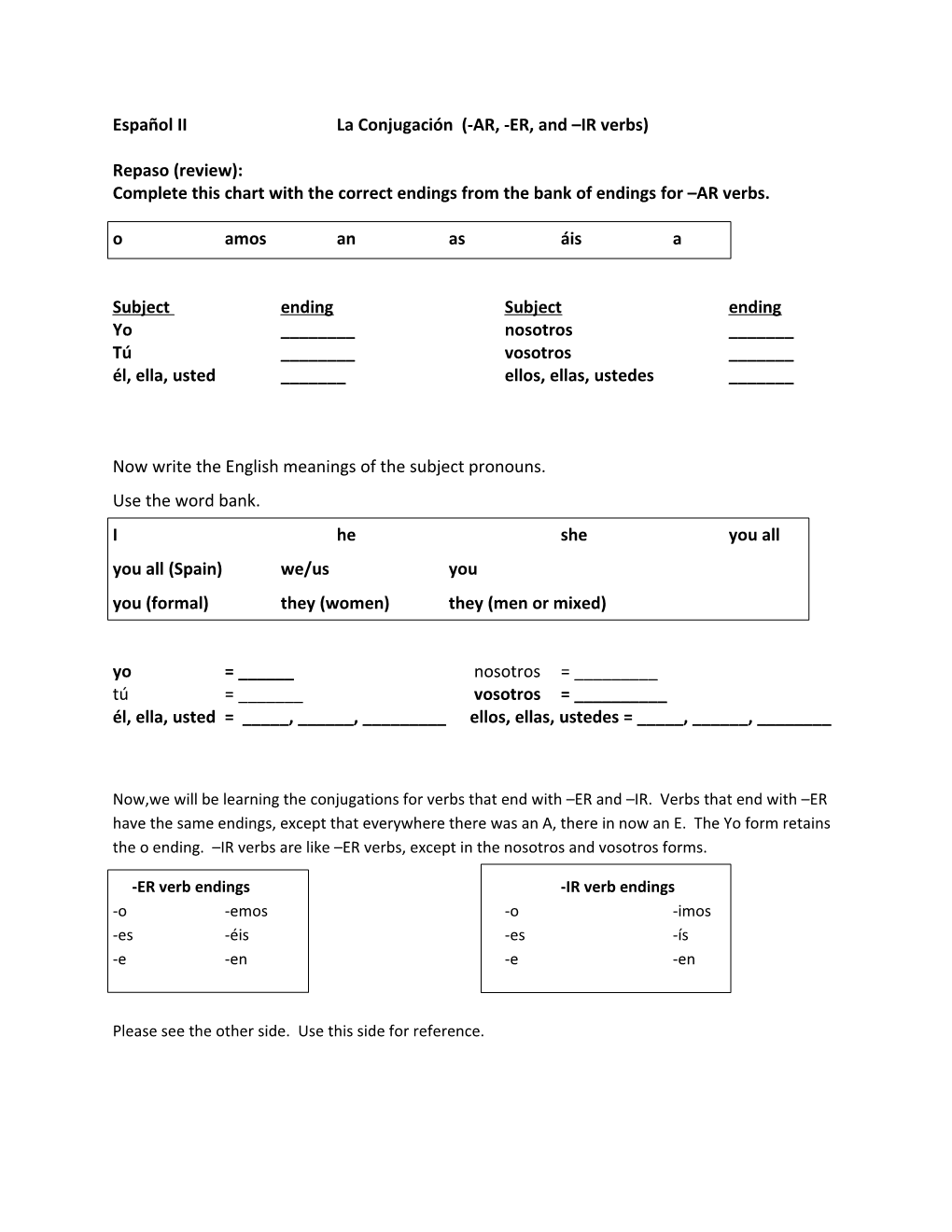 Español II La Conjugación (-AR, -ER, and IR Verbs)