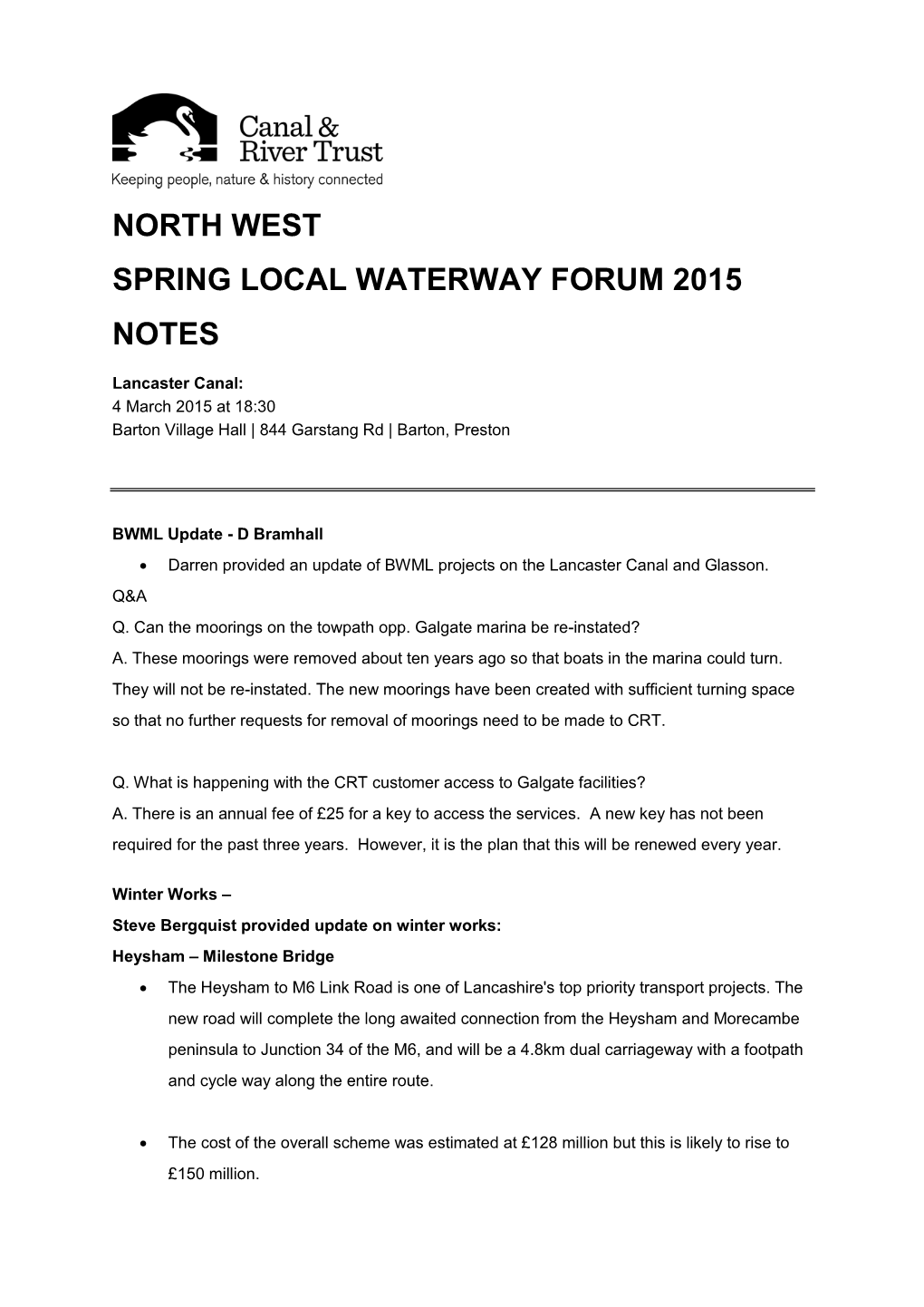 North West Spring Local Waterway Forum 2015 Notes