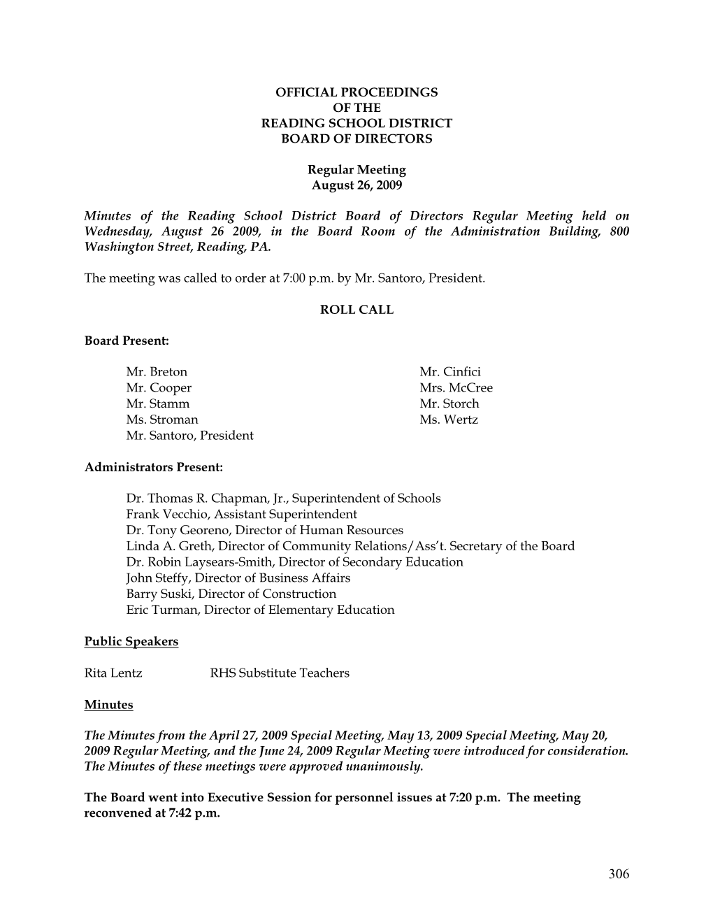 Official Proceedings of the Reading School District Board of Directors