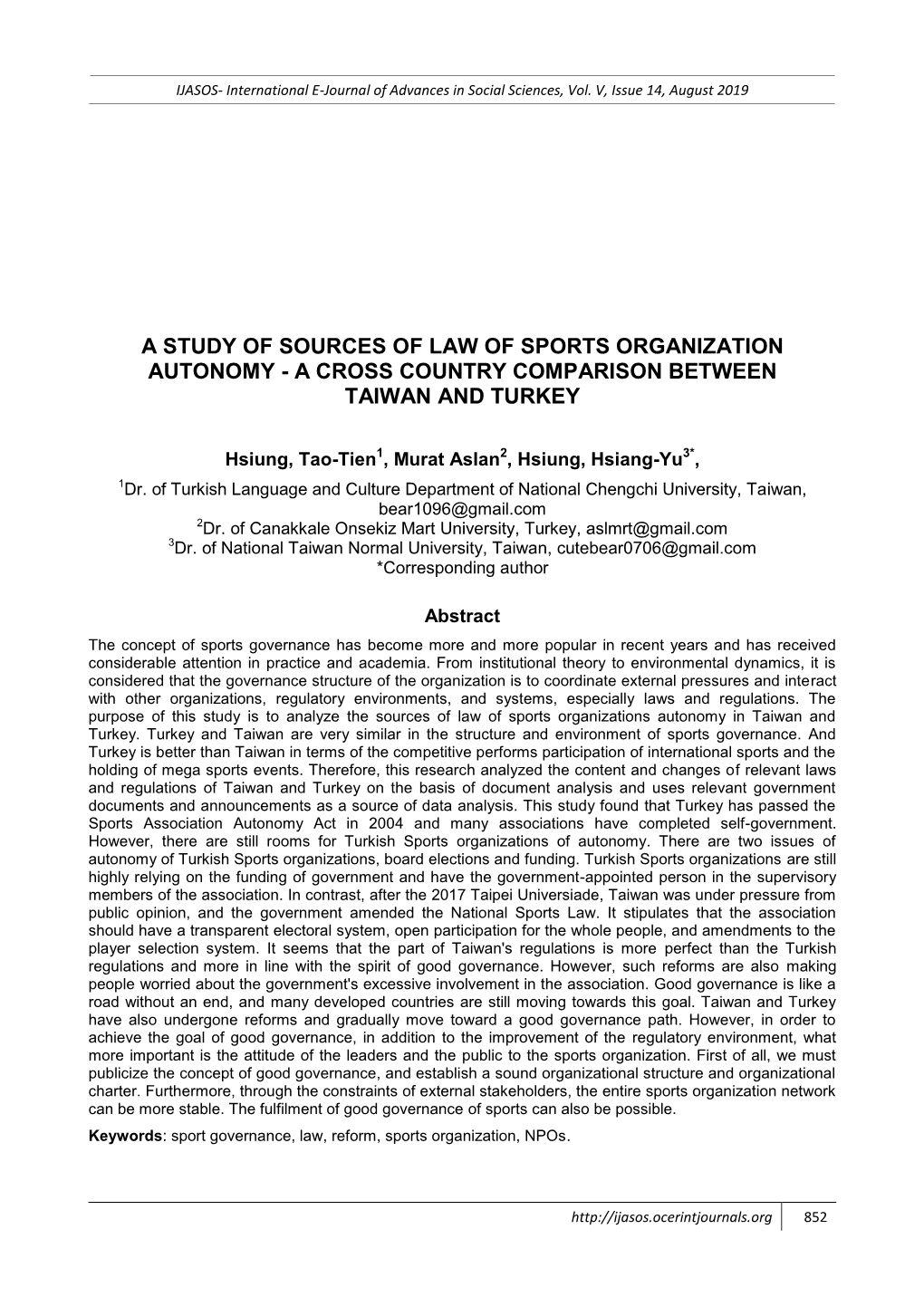 A Study of Sources of Law of Sports Organization Autonomy - a Cross Country Comparison Between Taiwan and Turkey