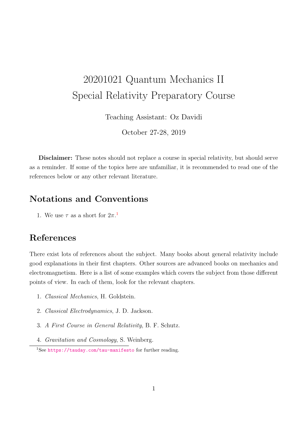 20201021 Quantum Mechanics II Special Relativity Preparatory Course