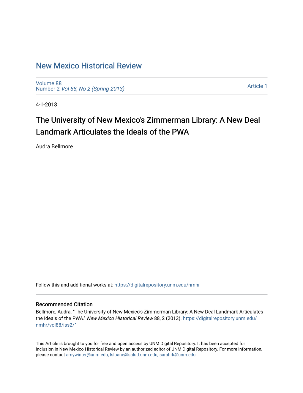The University of New Mexico's Zimmerman Library: a New Deal Landmark Articulates the Ideals of the PWA