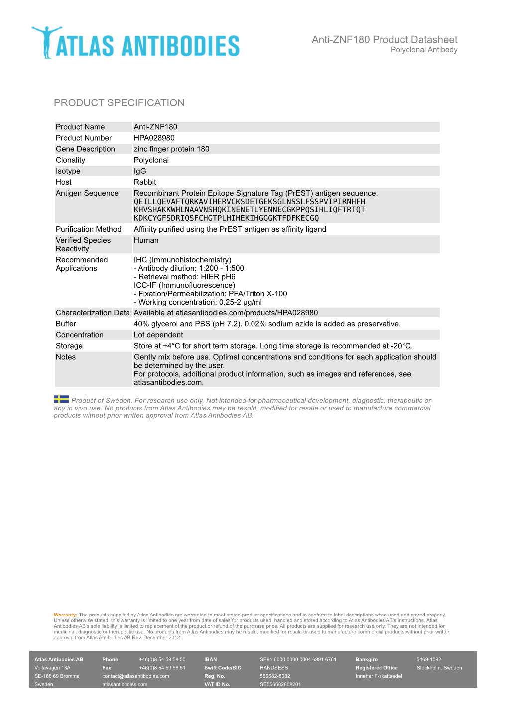 PRODUCT SPECIFICATION Anti-ZNF180 Product Datasheet