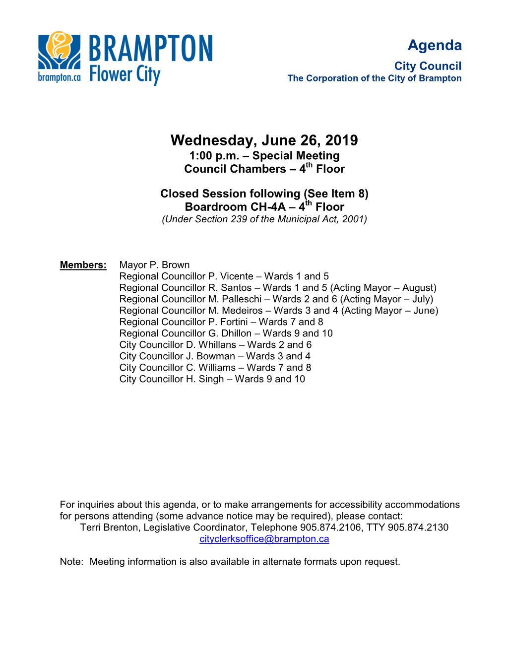 Special Council Agenda for June 26, 2019