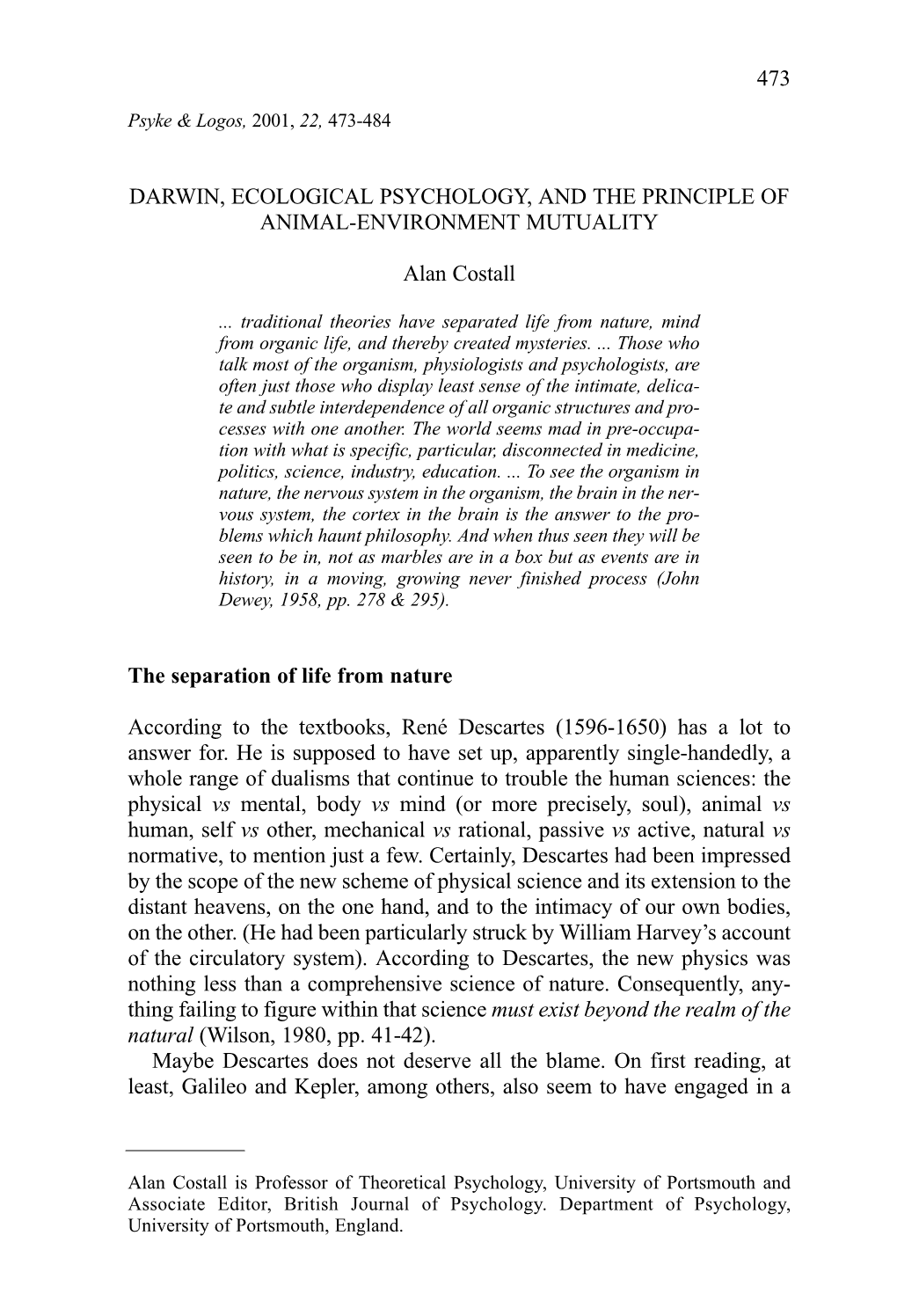 Darwin, Ecological Psychology, and the Principle of Animal-Environment Mutuality