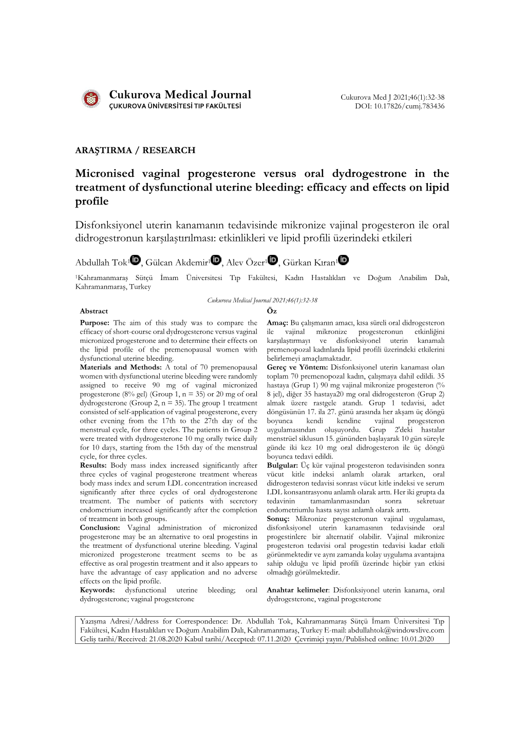 Cukurova Medical Journal Micronised Vaginal Progesterone Versus Oral