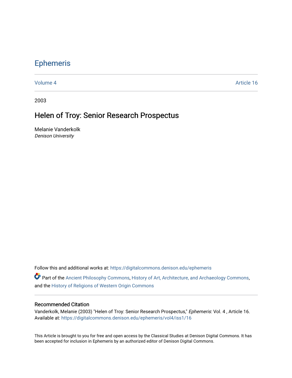 Helen of Troy: Senior Research Prospectus