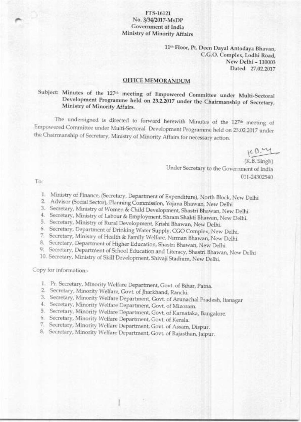 FTS-16121 No. 3/34/2017-Msdp Government of India Ministry of Minority Affairs