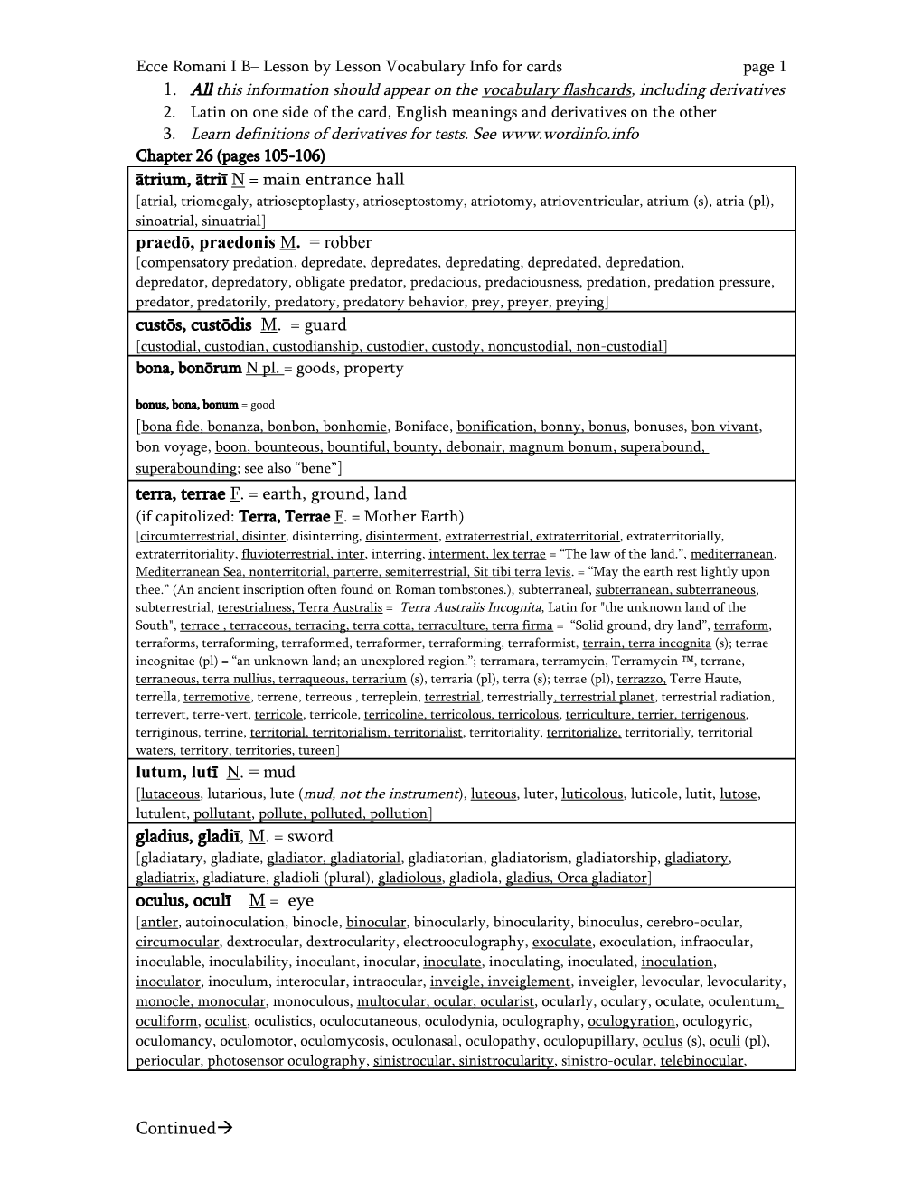 Ecce Romani I B Lesson by Lesson Vocabulary Info for Cards Page 4