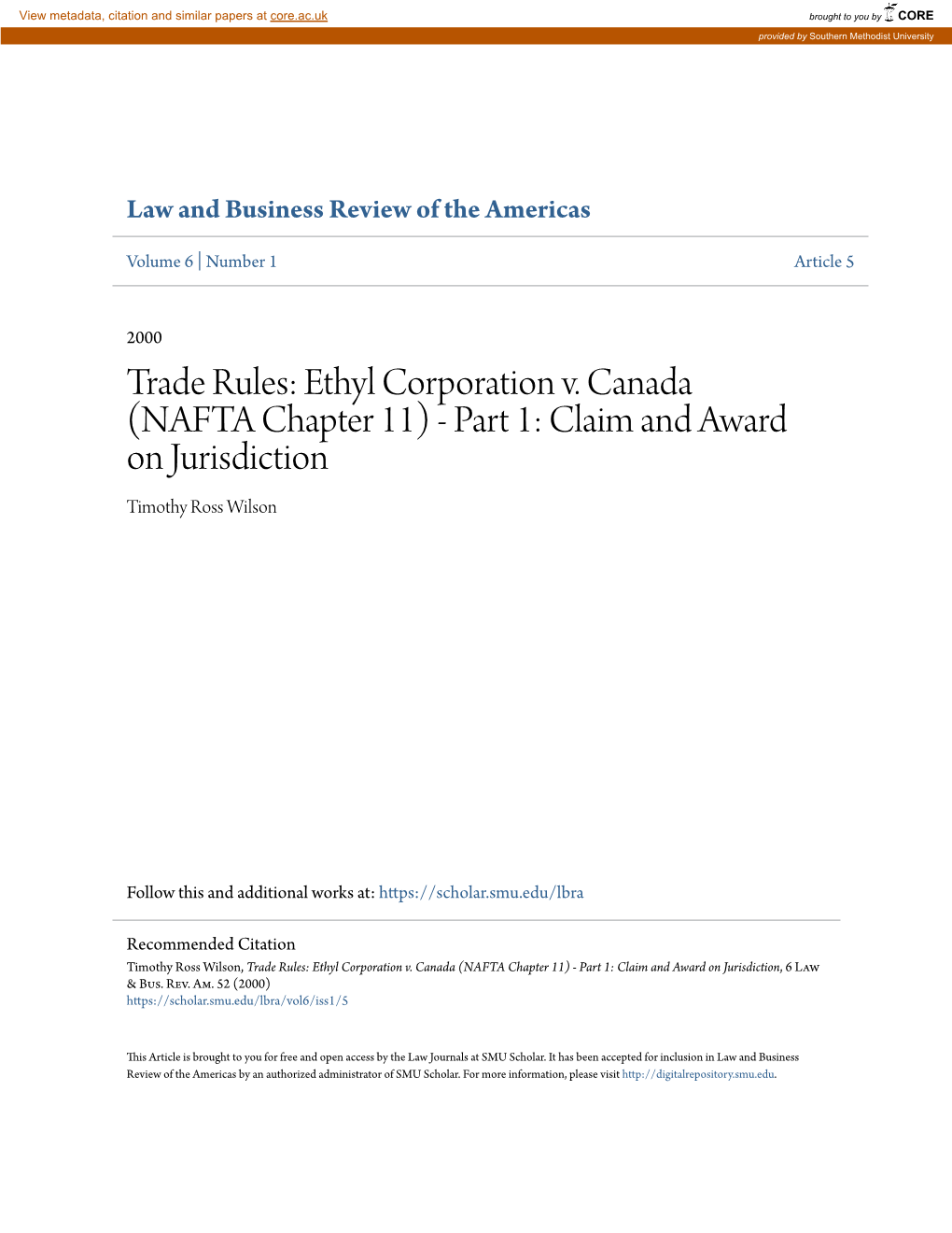 Ethyl Corporation V. Canada (NAFTA Chapter 11) - Part 1: Claim and Award on Jurisdiction Timothy Ross Wilson