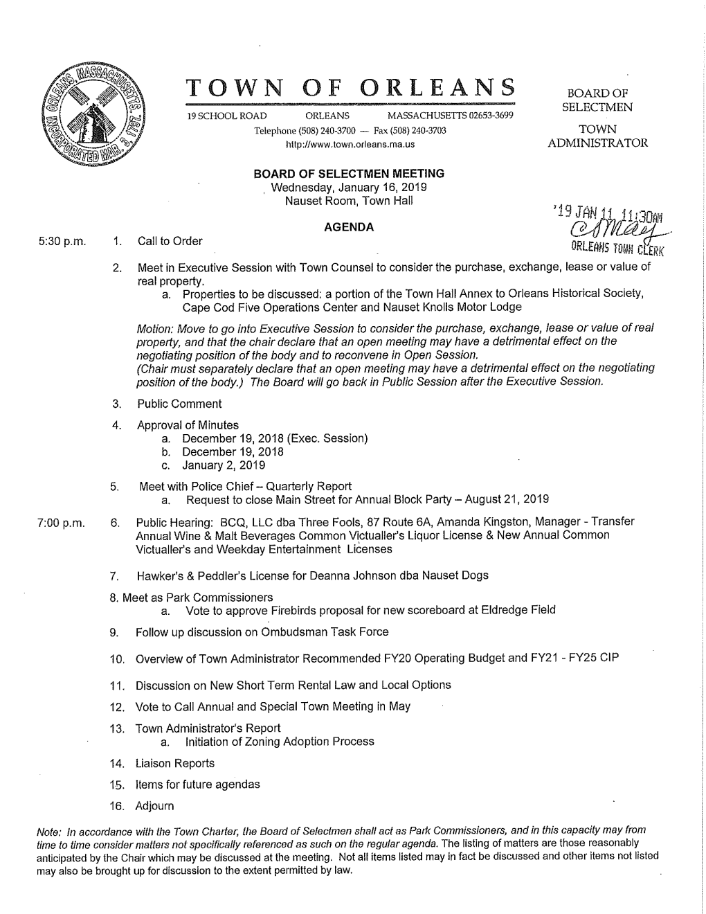 BOARD of SELECTMEN OFFICE of the TOWN AGENDA ACTION REQUEST ADMINSTRATOR Meeting Date: January 16, 2019
