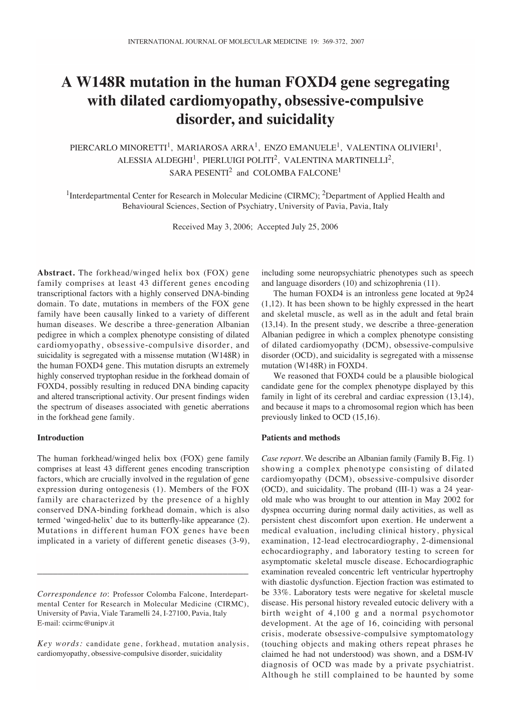 A W148R Mutation in the Human FOXD4 Gene Segregating with Dilated Cardiomyopathy, Obsessive-Compulsive Disorder, and Suicidality