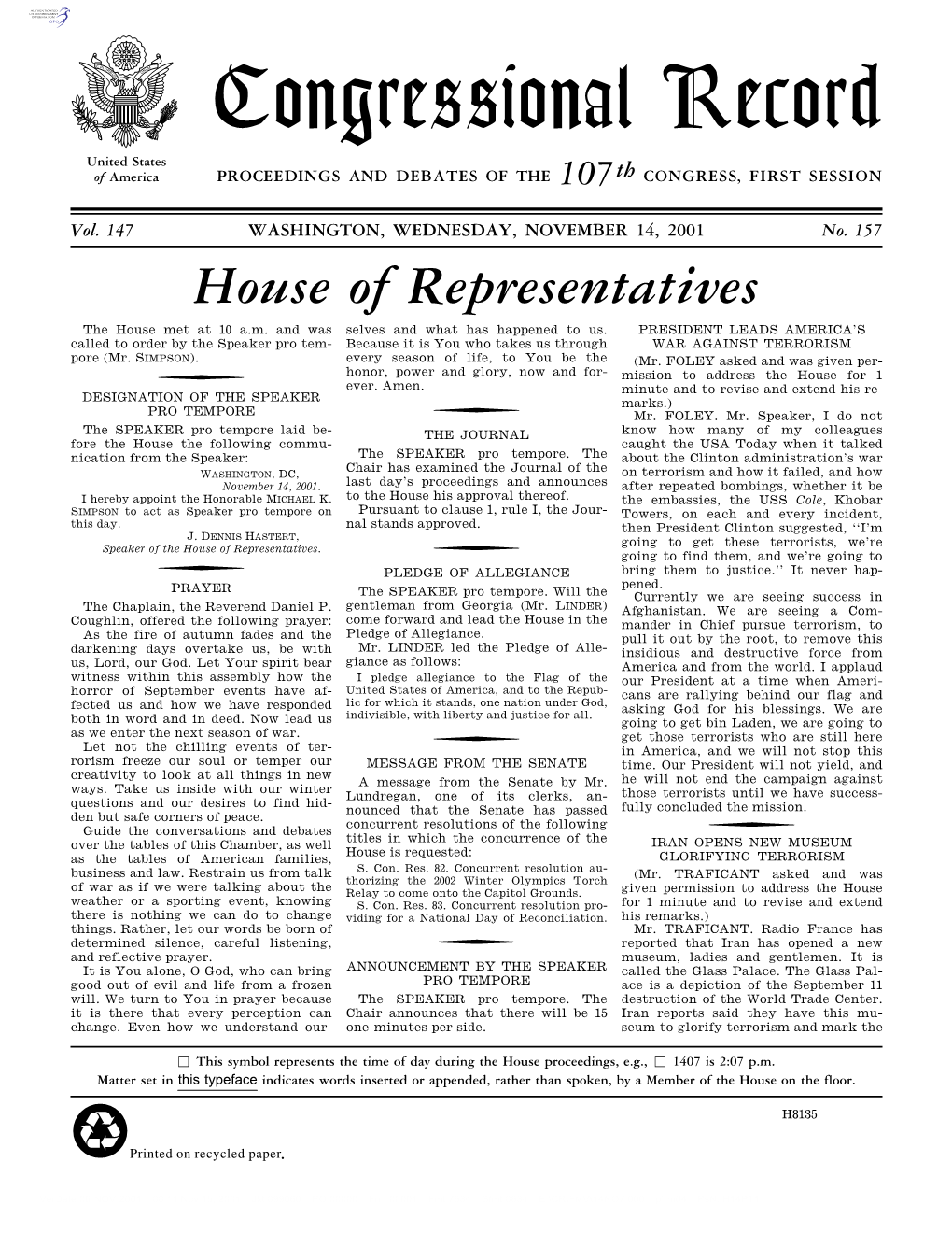 Congressional Record United States of America PROCEEDINGS and DEBATES of the 107Th CONGRESS, FIRST SESSION