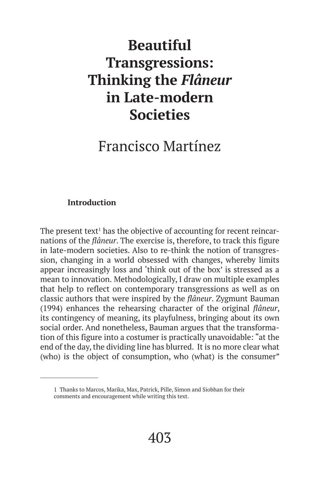 Thinking the Flâneur in Late-Modern Societies Francisco Martínez