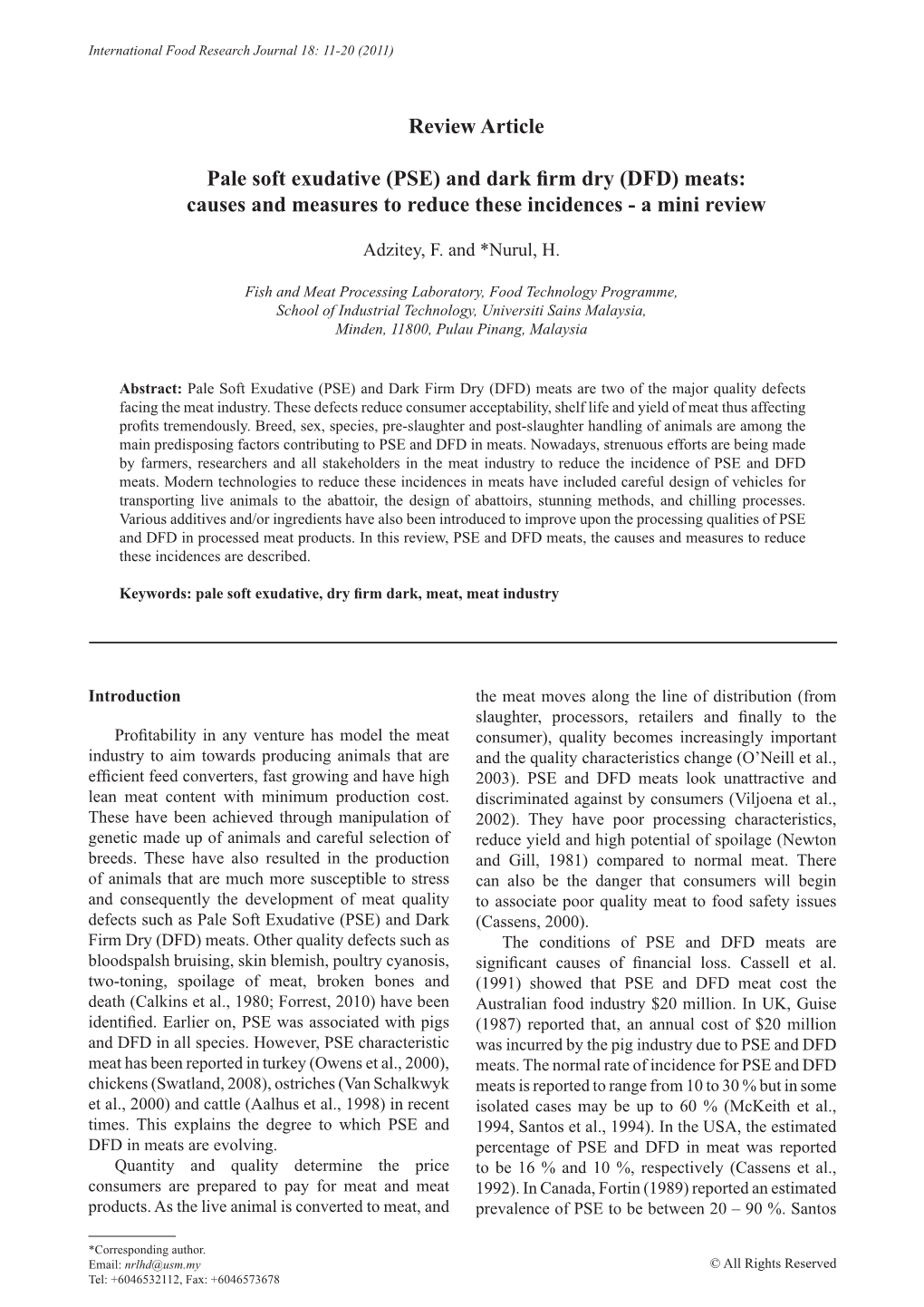 (DFD) Meats: Causes and Measures to Reduce These Incidences - a Mini Review