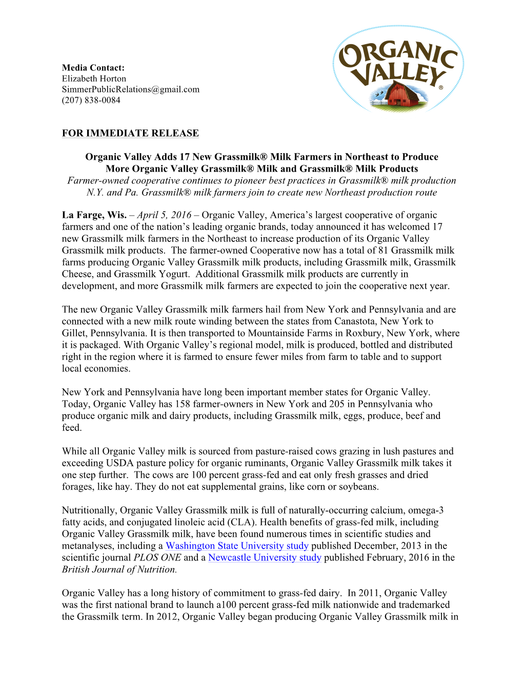 FOR IMMEDIATE RELEASE Organic Valley Adds 17 New Grassmilk