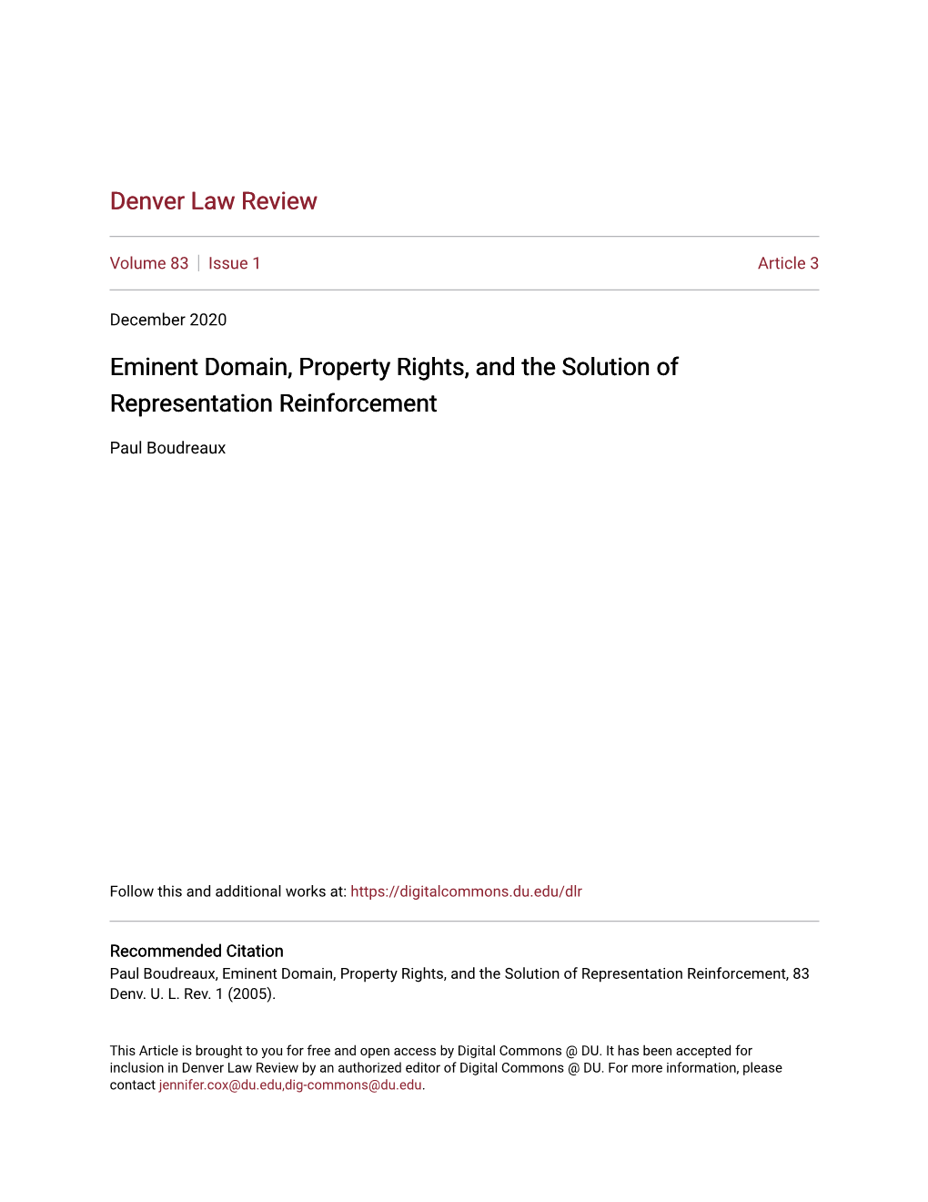 Eminent Domain, Property Rights, and the Solution of Representation Reinforcement