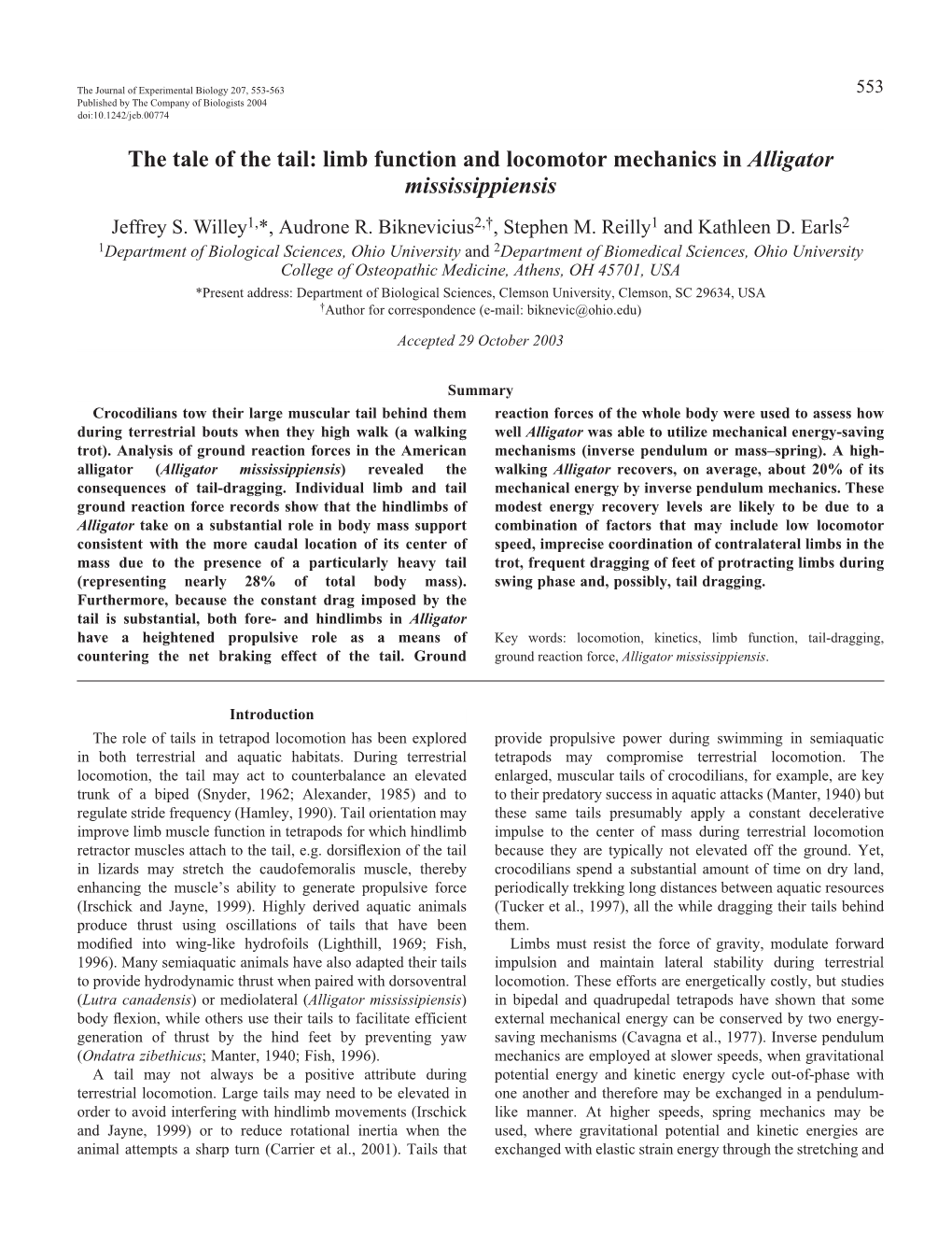 The Tale of the Tail: Limb Function and Locomotor Mechanics in Alligator Mississippiensis Jeffrey S