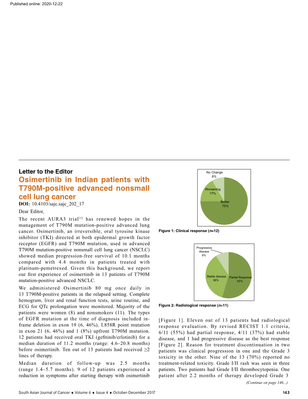 Osimertinib in Indian Patients with T790M‑Positive Advanced Nonsmall Worsening 17%